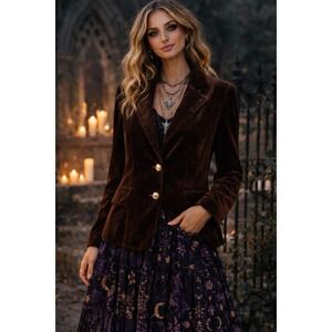 Vtg 90s Alyn Paige Brown Velvet Blazer Jacket Sz S Gold Buttons Autumn Fall Boho